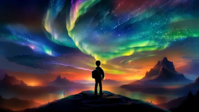 Silhouette of a Boy Looking a Colorful Imaginary World