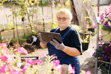 Naklejka na ściany i meble Inspector woman gardener control garden. Female farmer use computer tablet for check quality of plants and flowers