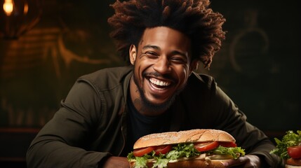 Happy man eating a sandwich - obrazy, fototapety, plakaty