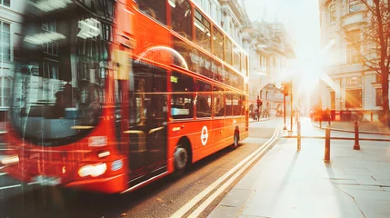 Photo sur Plexiglas Bus rouge de Londres London Red Bus in middle of city street in light of lanterns. Double exposure effect. Banner