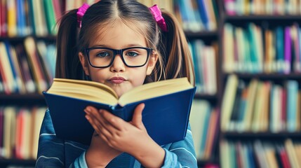 Young Girl with glasses with Book at Library, She is not looking forward to studying