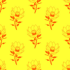 Fototapeta na wymiar seamless symmetrical pattern of orange graphic magnolia flowers on a yellow background, texture, design