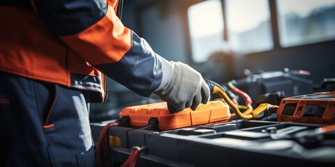 Fototapeta na wymiar Automotive technician wearing protective gear works on car battery