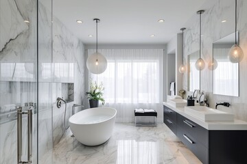 A luxurious modern bathroom with a sleek freestanding bathtub and marble details