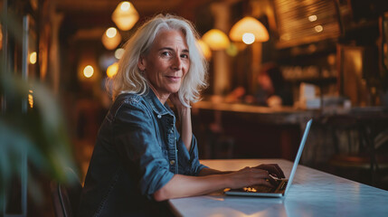 portrait of mature woman with long blonde hair in denim shirt typing on her laptop, sitting at...