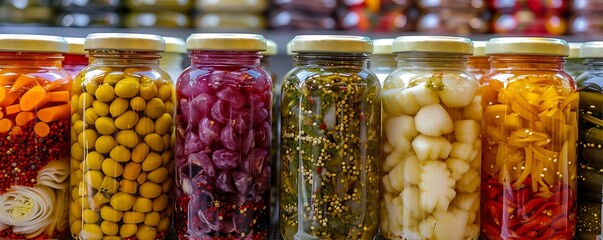 A colorful image showcasing a variety of pickles that accompany many Saudi dishes - obrazy, fototapety, plakaty