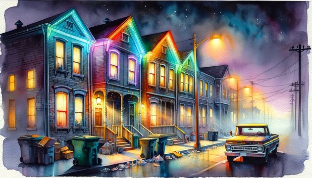 The image portrays a nostalgic street scene at night, featuring vibrantly lit Victorian houses and an old pickup truck under a starry sky.