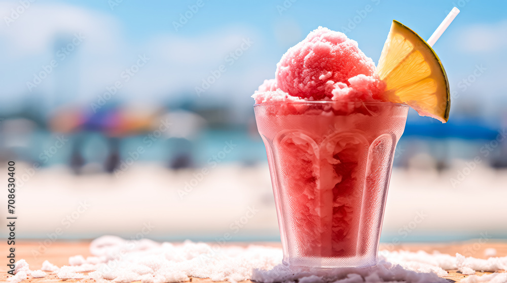 Poster chill vibes by the beach. frozen ice adorned with colorful fruits in a cup, creating a refreshing an