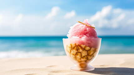 Fototapeta na wymiar Chill vibes by the beach. Frozen ice adorned with colorful fruits in a cup, creating a refreshing and tropical summer sensation.