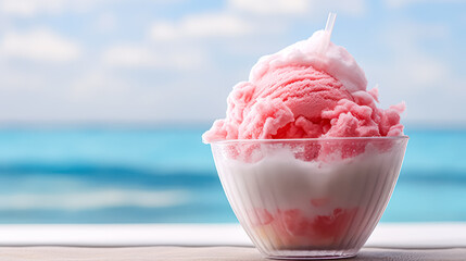 Chill vibes by the beach. Frozen ice adorned with colorful fruits in a cup, creating a refreshing and tropical summer sensation.