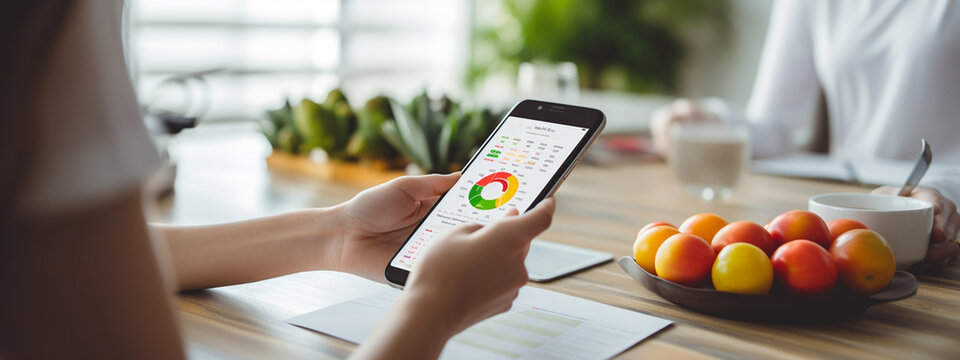 Woman using dieting app to track nutrition facts and calories in her food