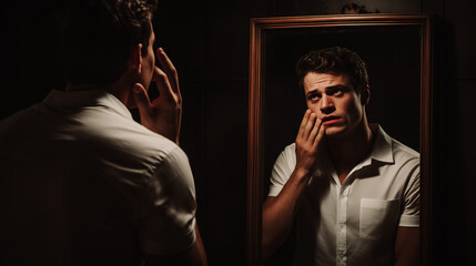 Homme se regardant dans le miroir et se questionnant sur son identité - obrazy, fototapety, plakaty