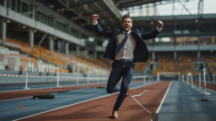 young happy strong businessman crossing the finish line and cheering - obrazy, fototapety, plakaty
