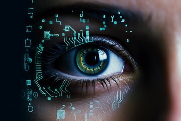 A close-up of a person's eye scanning a biometric data reader for access