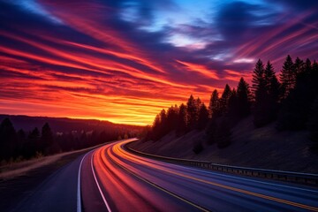 A highway at twilight, capturing the beauty of the transitioning sky