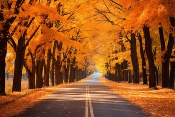 A road surrounded by fiery autumn foliage, radiating warmth