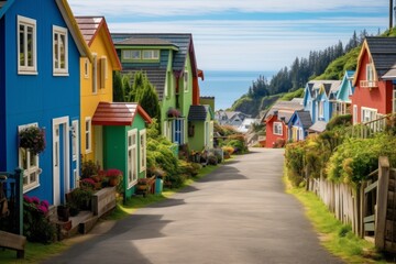 A road through a charming coastal village with colorful houses - obrazy, fototapety, plakaty