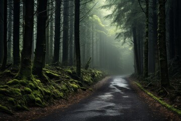 A road through a mysterious foggy forest, sparking curiosity