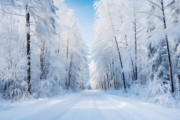Obraz premium A road through a snow-covered forest, showcasing winter's magic