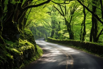 A winding road through a lush, green forest
