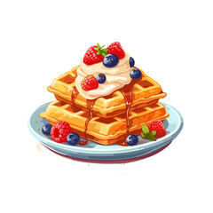 waffle and cream with strawberry fruits on top hand drawn