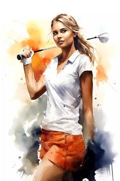 female golfer, in watercolor style. generative ai