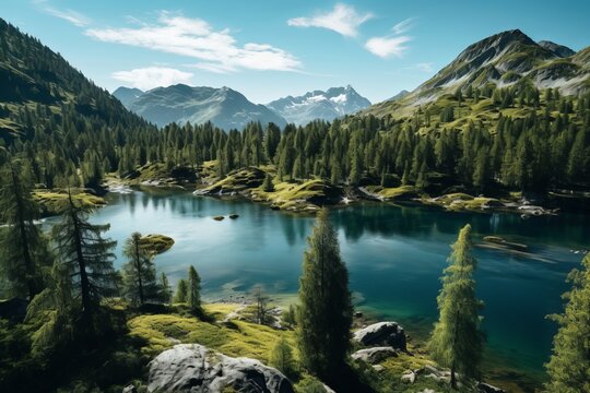 Aerial perspective of a pristine alpine lake surrounded by pine trees © KerXing