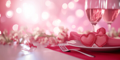 Tischdekoration zum Valentinstag in rosa und roten Farben mit Herzen und Sekt Glas dekoriert, ai generativ