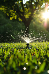 Irrigation system in home garden. Automatic lawn sprinkler watering green grass.