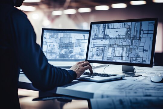 Architect designing building blueprints using computer software