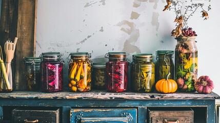 Fall seasonal pickled or fermented vegetables in cans lined up above vintage kitchen. - obrazy, fototapety, plakaty