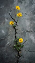 Yellow Flowers Growing Out of Crack in Concrete Wall