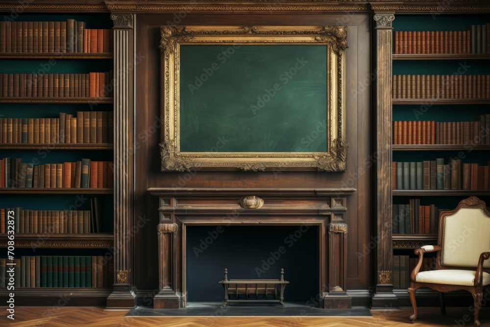 Poster empty frame mock-up in a vintage library