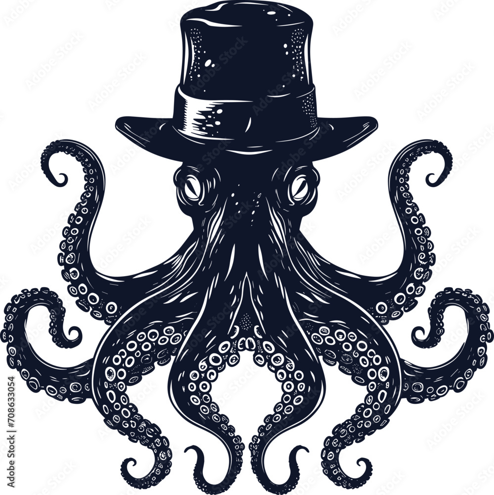 Wall mural octopus wears a hat. vector black engraving vintage illustrations. isolated on a white background.