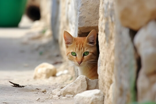 Curious cat peeking around a corner. Neural network AI generated art