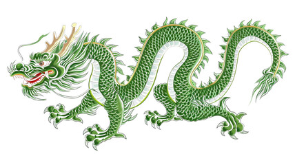 Illustration of a green dragon with a detailed scale pattern - obrazy, fototapety, plakaty