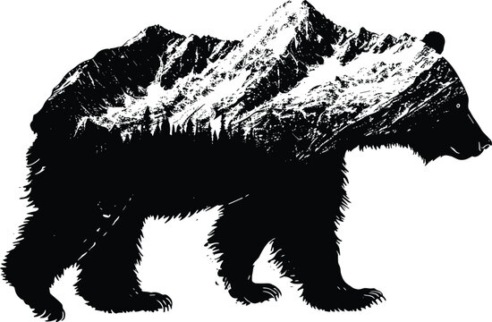 Bear Vector Double exposure wildlife concept illustration, isolated on a white background