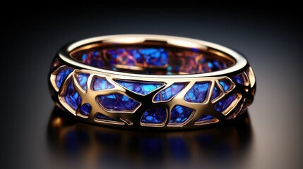 Jewelry ring with blue glass on a black background