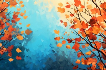 Vibrant autumn sky background with colorful leaves against the blue