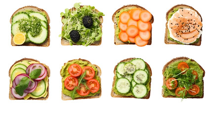 A top view of various open-faced sandwiches with different toppings like cucumber, tomato, and smoked salmon - obrazy, fototapety, plakaty