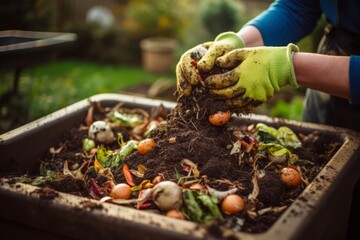 A close up of hands assembling a home composting system, reducing organic waste and its impact on ozone health