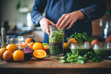 A close up of hands preparing a nutrient packed smoothie, promoting wellness and managing symptoms of Stills Disease - obrazy, fototapety, plakaty