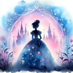 Fototapeta na wymiar Silhouette of a woman, fairy tale princess in front of a castle.