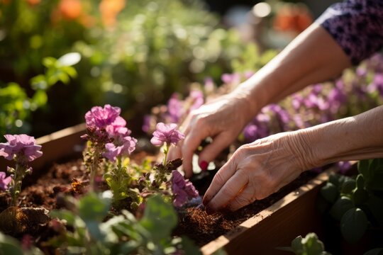 A close up of hands engaged in gardening therapy, a relaxing and fulfilling activity for individuals with Stills Disease
