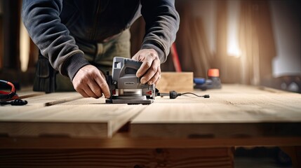 a close-up of a man skillfully cutting a wooden plank with an electric jigsaw in a workshop, focusing on minimalist modern style to highlight the precision and craftsmanship involved.