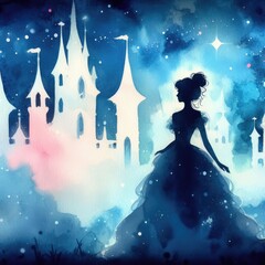 Fairy tale starry night with princess and magic castle.