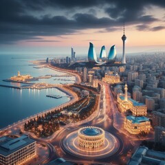 Azerbaijan Baku Flame Towers Boulevard sightseeing travel  - obrazy, fototapety, plakaty