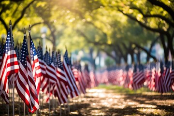 A sea of American flags planted in a park for a Patriot Day memorial display
