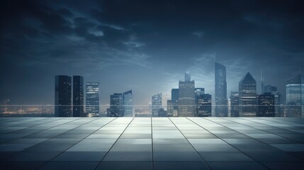 an empty square floor against a city skyline and building background, all in a minimalist modern style, emphasizes the visual appeal of the open space and the architectural elements.