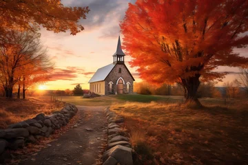 Zelfklevend Fotobehang A serene view of a countryside chapel framed by trees showcasing their autumn brilliance, creating a timeless fall landscape © KerXing